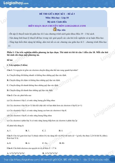 Đề thi giữa kì 1 Hóa 10 Cánh diều - Đề số 3